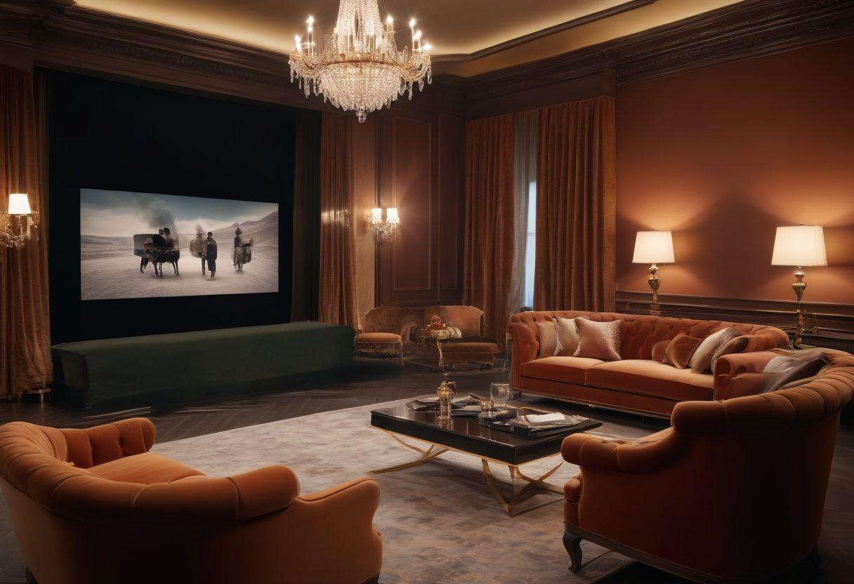 A captivating behind-the-scenes scene featuring a luxurious film set with elegant lighting, plush velvet furniture, and a large screen displaying exclusive adult clips being filmed. Include subtle hints of artistry like cameras, script notes, and crew members artistically blurred in the background. The atmosphere should evoke allure and exclusivity, with a muted yet rich color palette to enhance sophistication. cinematic style. warm tones. 3D.