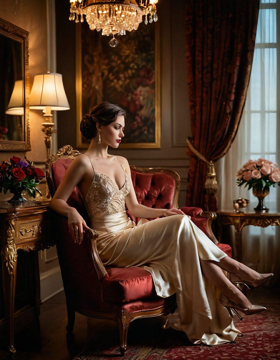 A luxurious, intimate setting with soft lighting, featuring a captivating solo performer in an elegant pose, surrounded by vintage decor and plush fabrics. The atmosphere is sensual yet sophisticated, highlighting exclusivity and allure. Incorporate subtle elements of adult content in tasteful ways, enhancing the thematic richness. Soft shadows and a warm color palette evoke a feeling of intimacy and allure. elegant painting. rich colors. intimate atmosphere.